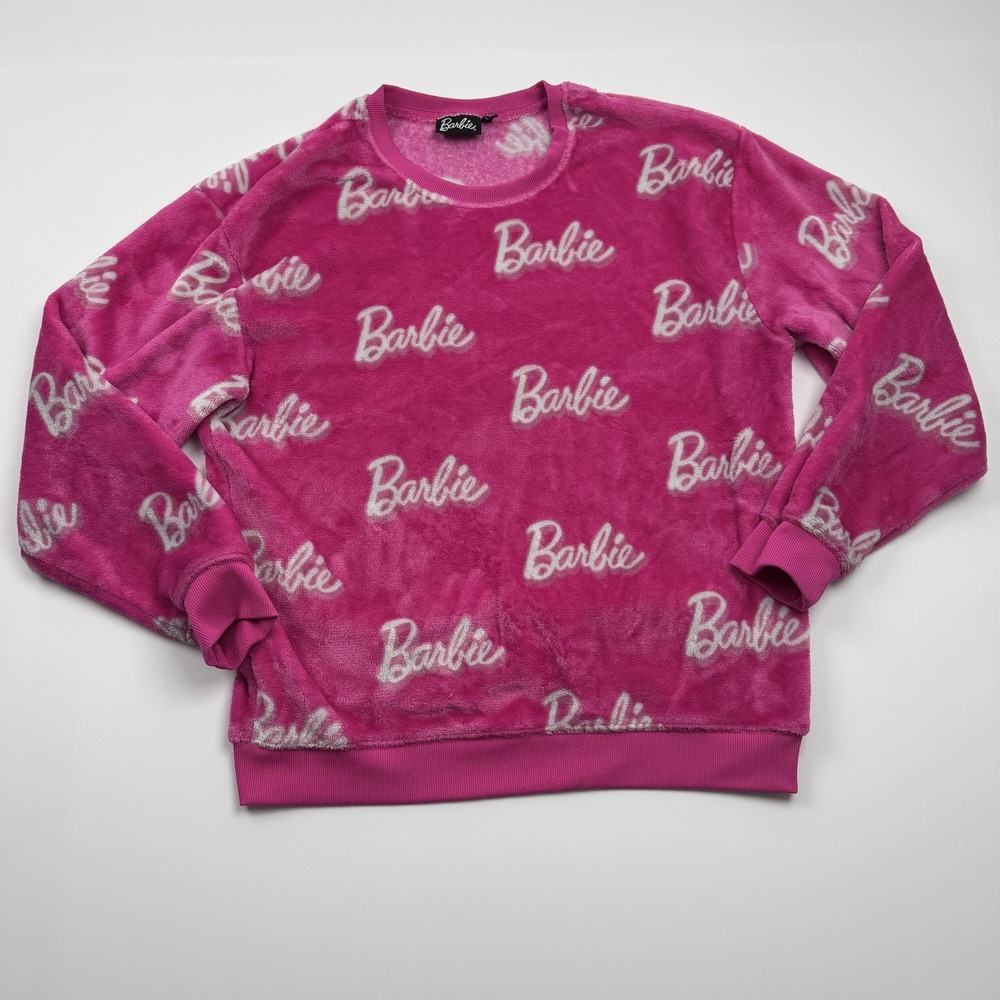 Barbie Sweater Womens Large Pink Plush Logo Print Fleece Pullover Crewneck Cozy